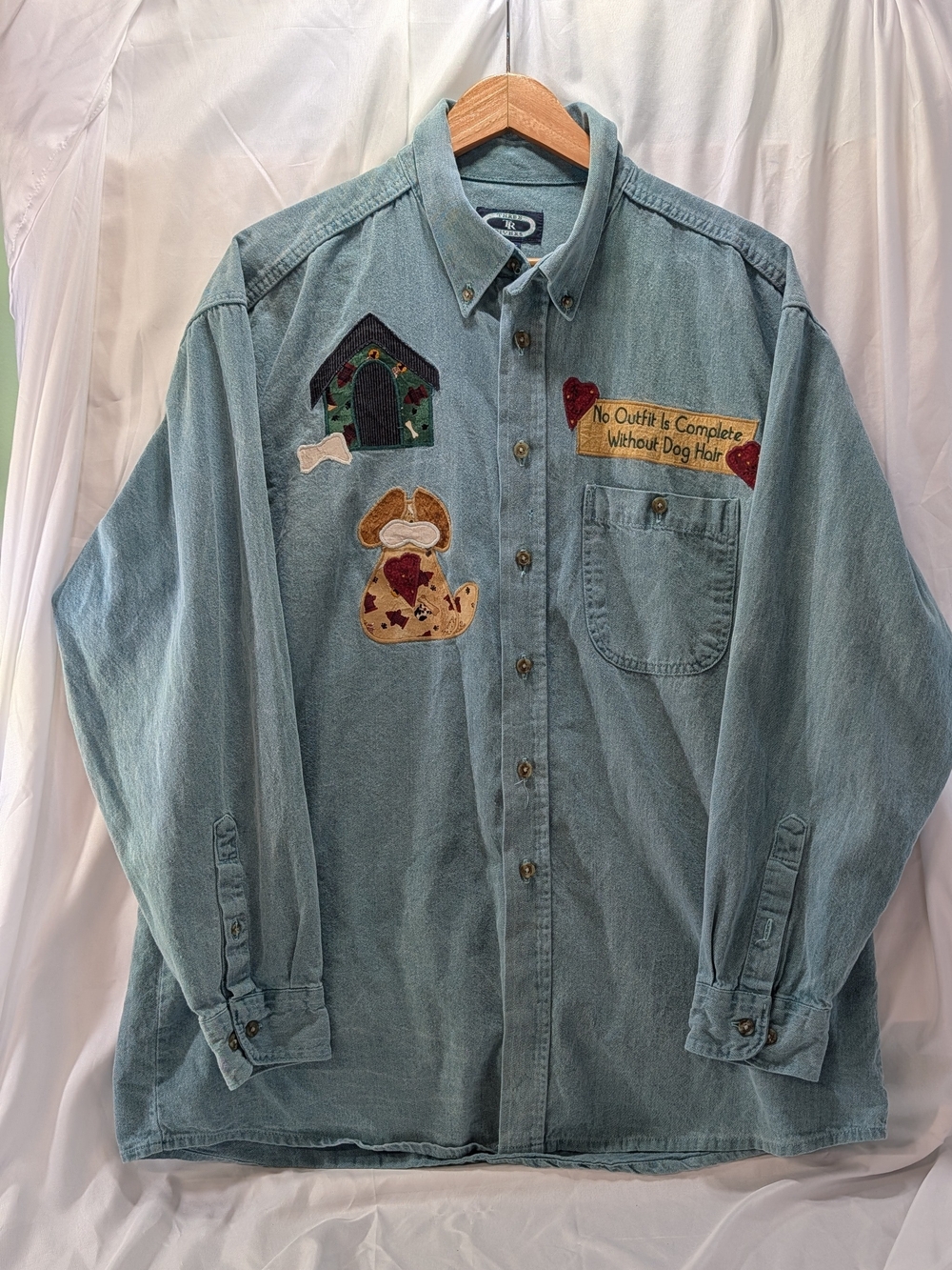Three Rivers VGT Cottage Core Style Denim Button-Down Shirt w/Dog Themed Patches